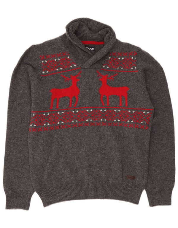 BARBOUR Boys Shawl Neck Jumper Sweater 15-16 Years 2XL Grey Fair Isle Wool