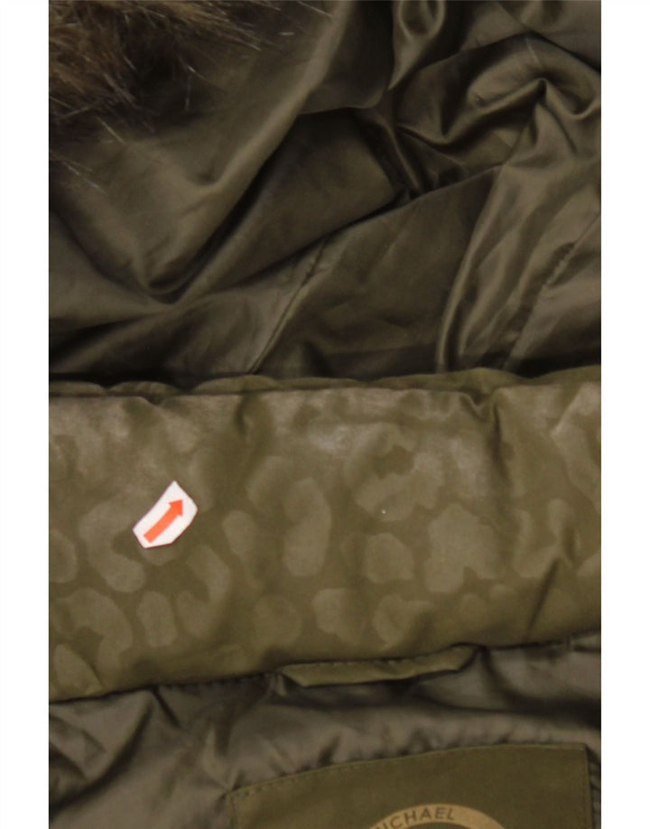 MICHAEL KORS Женское стеганое пальто с капюшоном UK 14 Средний хаки с животным принтом