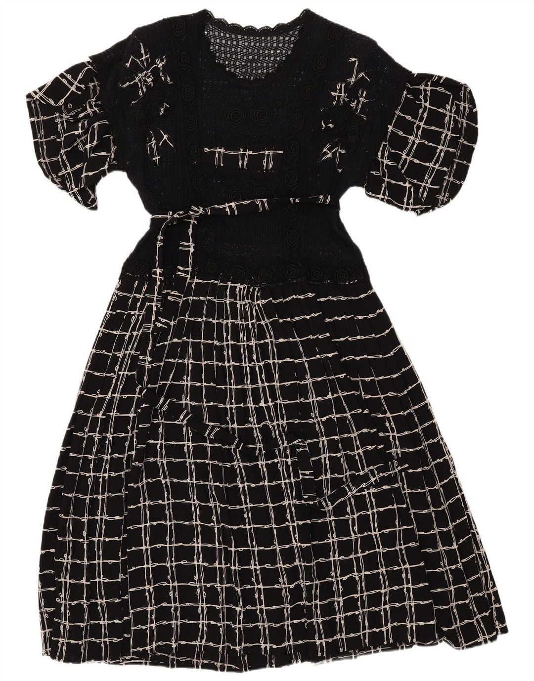 ВИНТАЖНОЕ женское платье макси крючком UK 12, среднее черное в клетку