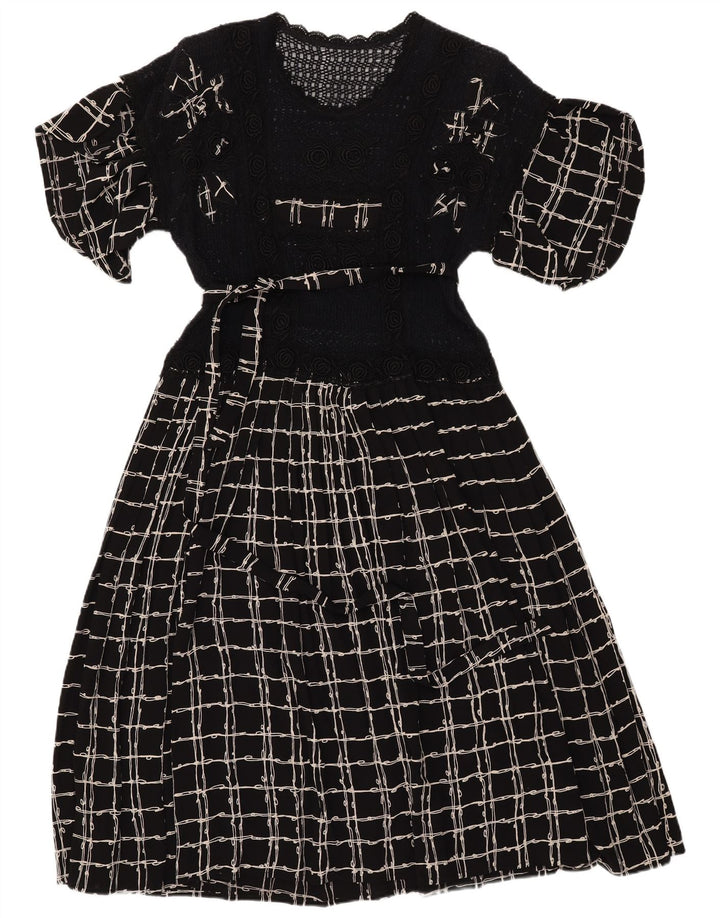 ВИНТАЖНОЕ женское платье макси крючком UK 12, среднее черное в клетку