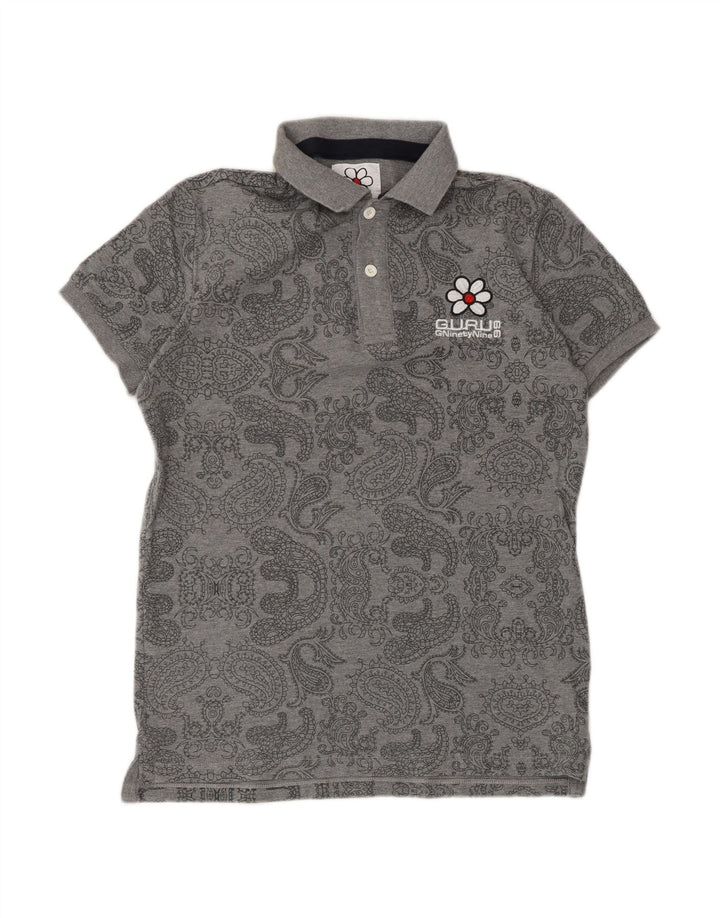 GURU Mens Polo Shirt Medium Grey Paisley Cotton