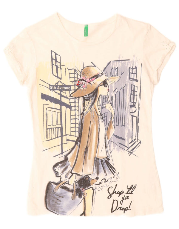 Футболка BENETTON с рисунком для девочек, топ 11–12 лет, размер 2XL, белый хлопок