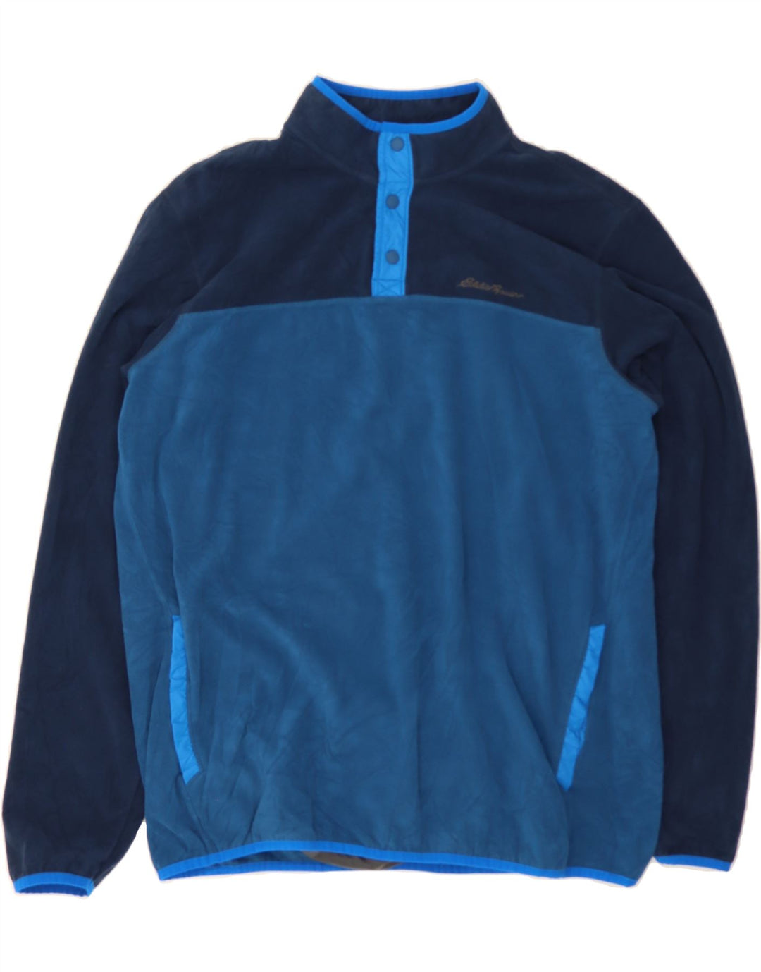 EDDIE BAUER Mens Button Neck Fleece Jumper XL Navy Blue Colourblock Vintage Eddie Bauer and Second-Hand Eddie Bauer from Messina Hembry 