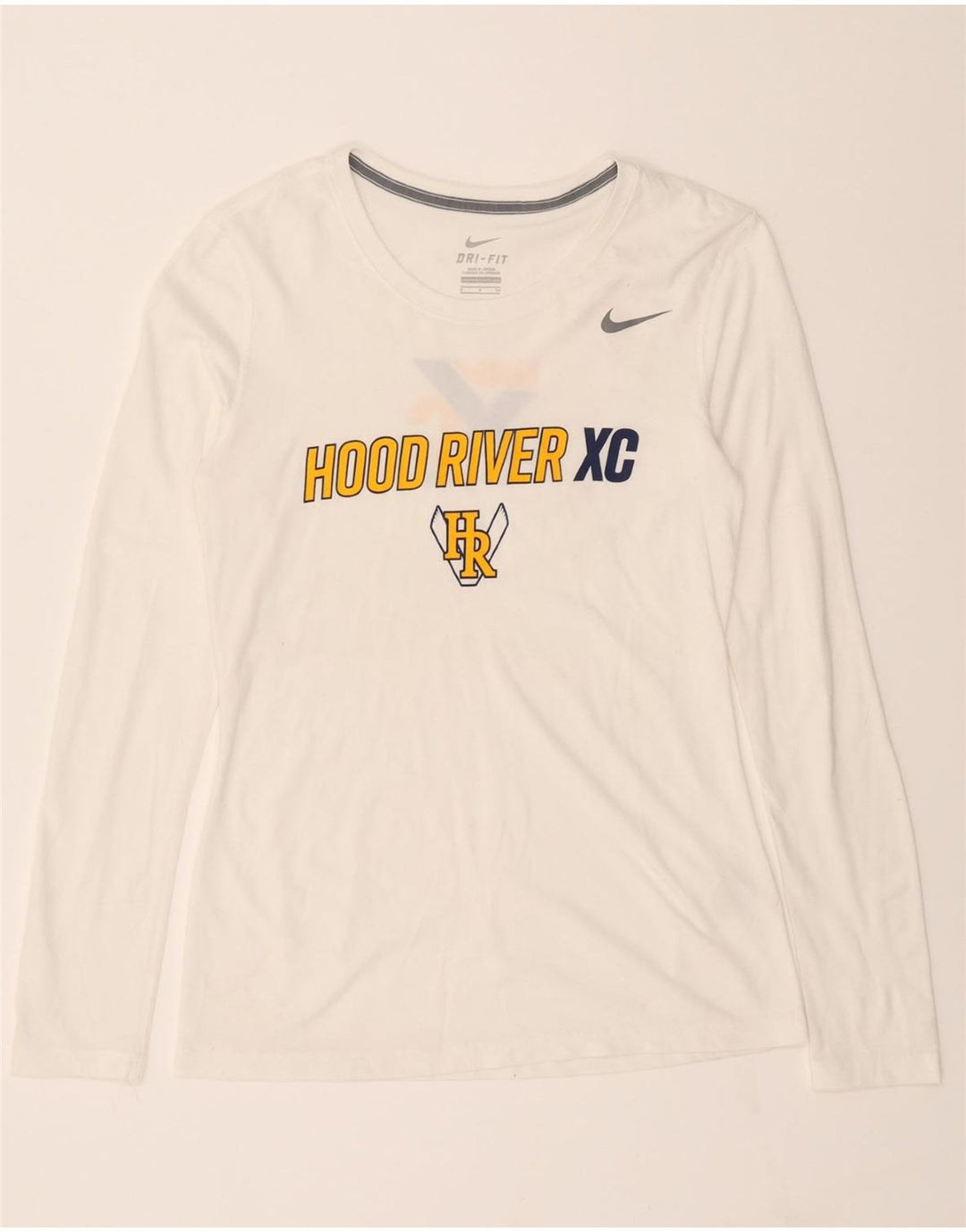 NIKE Womens Dri Fit Graphic Top Long Sleeve UK 10 Small White Polyester Vintage Nike and Second-Hand Nike from Messina Hembry 