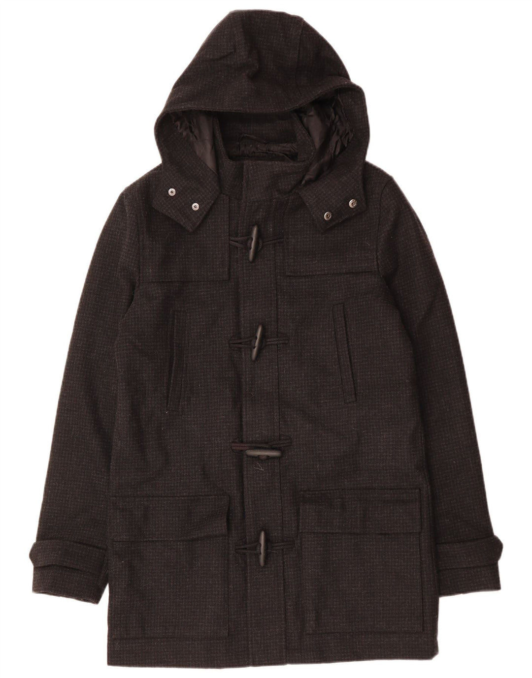 Мужской дафлкот с капюшоном VINTAGE UK 38, средний черный с узором «гусиные лапки»