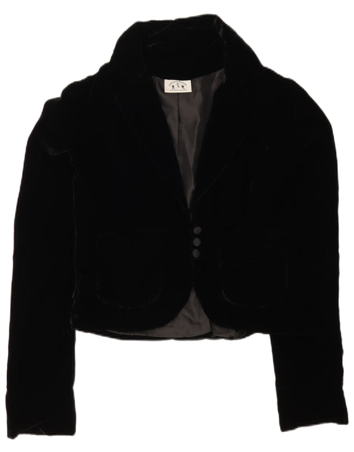 ВИНТАЖНЫЙ женский бархатный пиджак с 3 пуговицами, Великобритания 12, средний черный