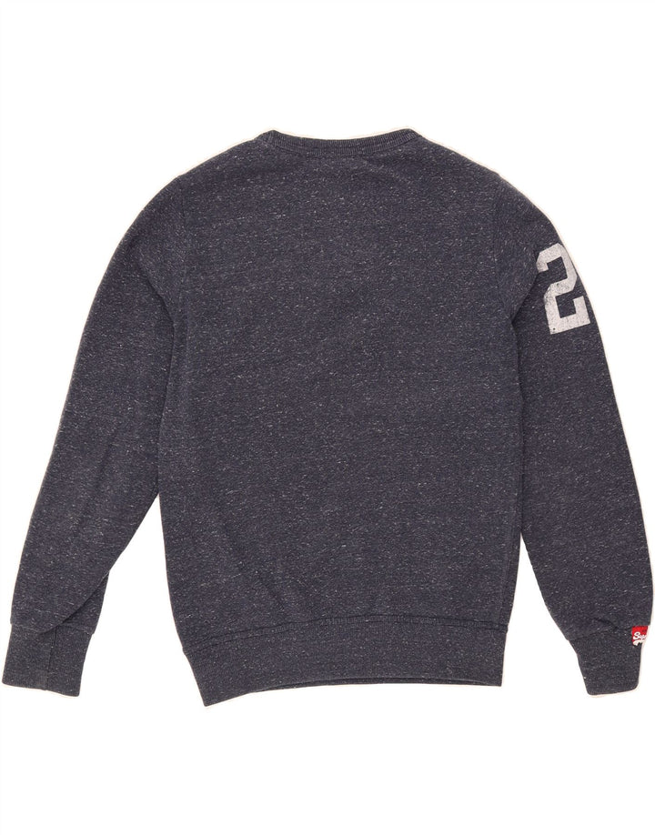 SUPERDRY Mens Graphic Sweatshirt Jumper Small Navy Blue Flecked Cotton Vintage Superdry and Second-Hand Superdry from Messina Hembry 
