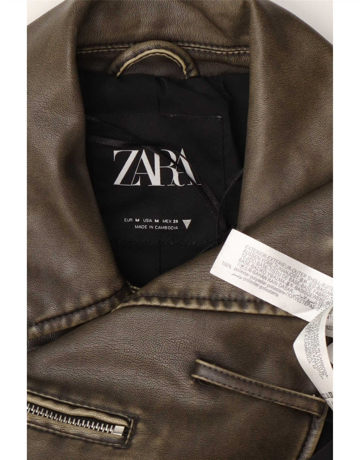 Женская укороченная косуха из искусственной кожи Zara UK 14, средний цвет хаки, полиэстер