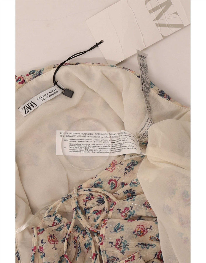 Женский топ без бретелек Zara UK 8, маленький размер, бежевый полиэстер с цветочным принтом