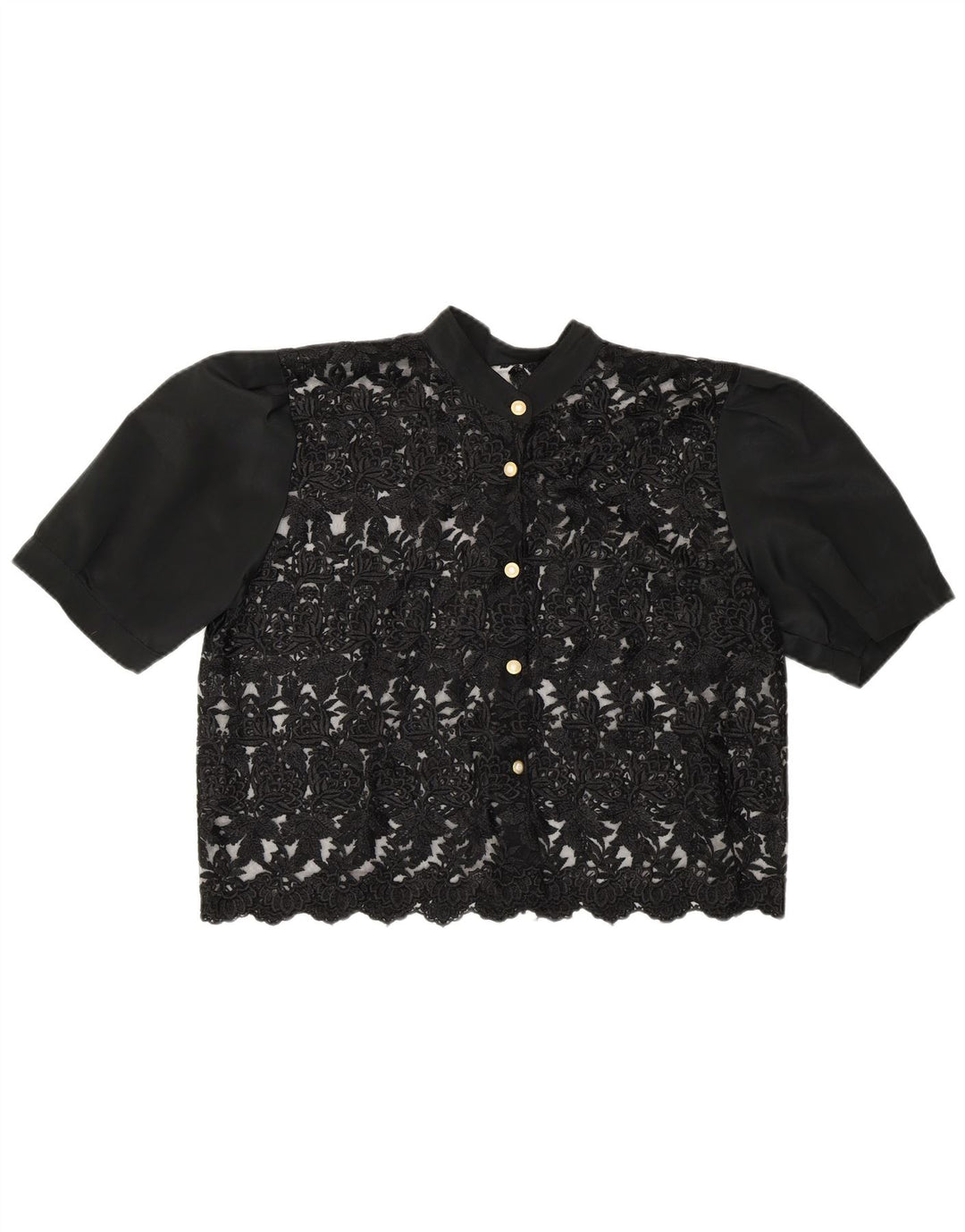 Винтажная женская укороченная прозрачная блузка-рубашка UK 14, средний черный цвет с цветочным принтом
