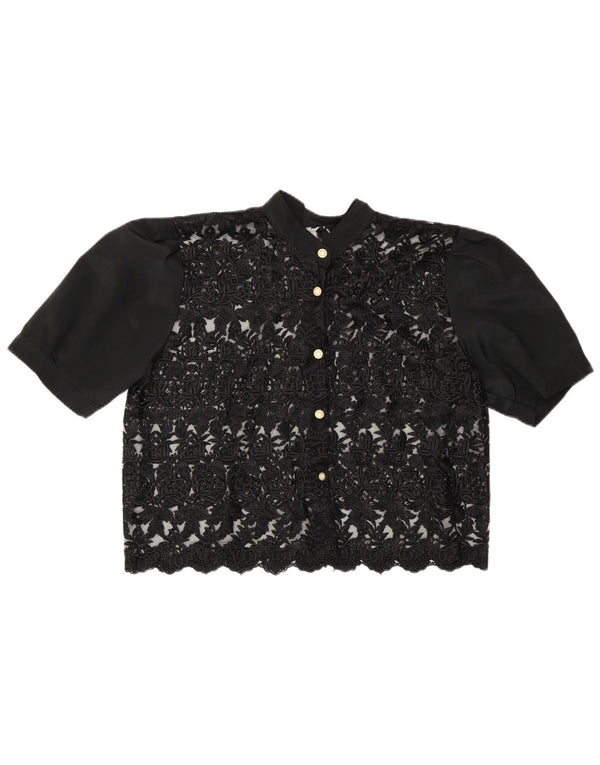 Винтажная женская укороченная прозрачная блузка-рубашка UK 14, средний черный цвет с цветочным принтом