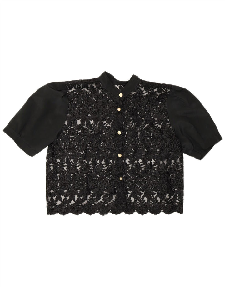 Винтажная женская укороченная прозрачная блузка-рубашка UK 14, средний черный цвет с цветочным принтом