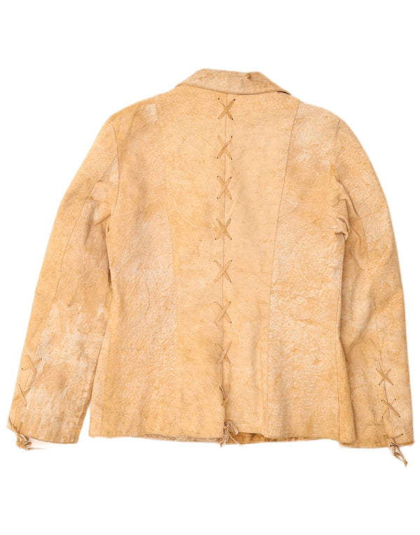 ВИНТАЖНАЯ Женская Замшевая Куртка UK 12 Средний Бежевый Кожаный