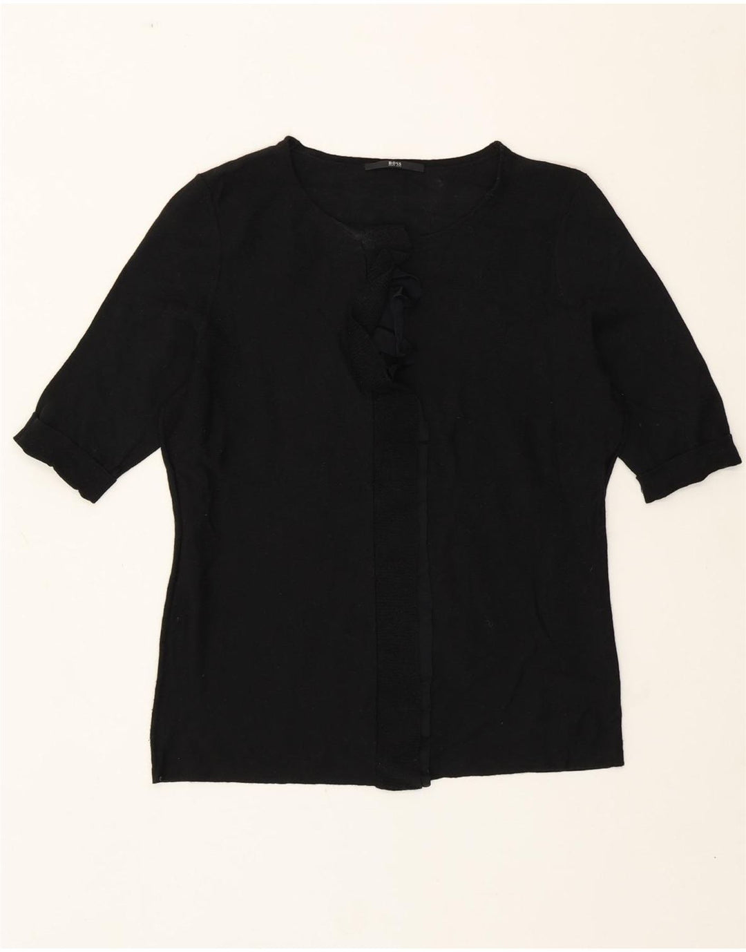 Женский джемпер с круглым вырезом и оборками спереди Hugo Boss, UK 8, маленький черный