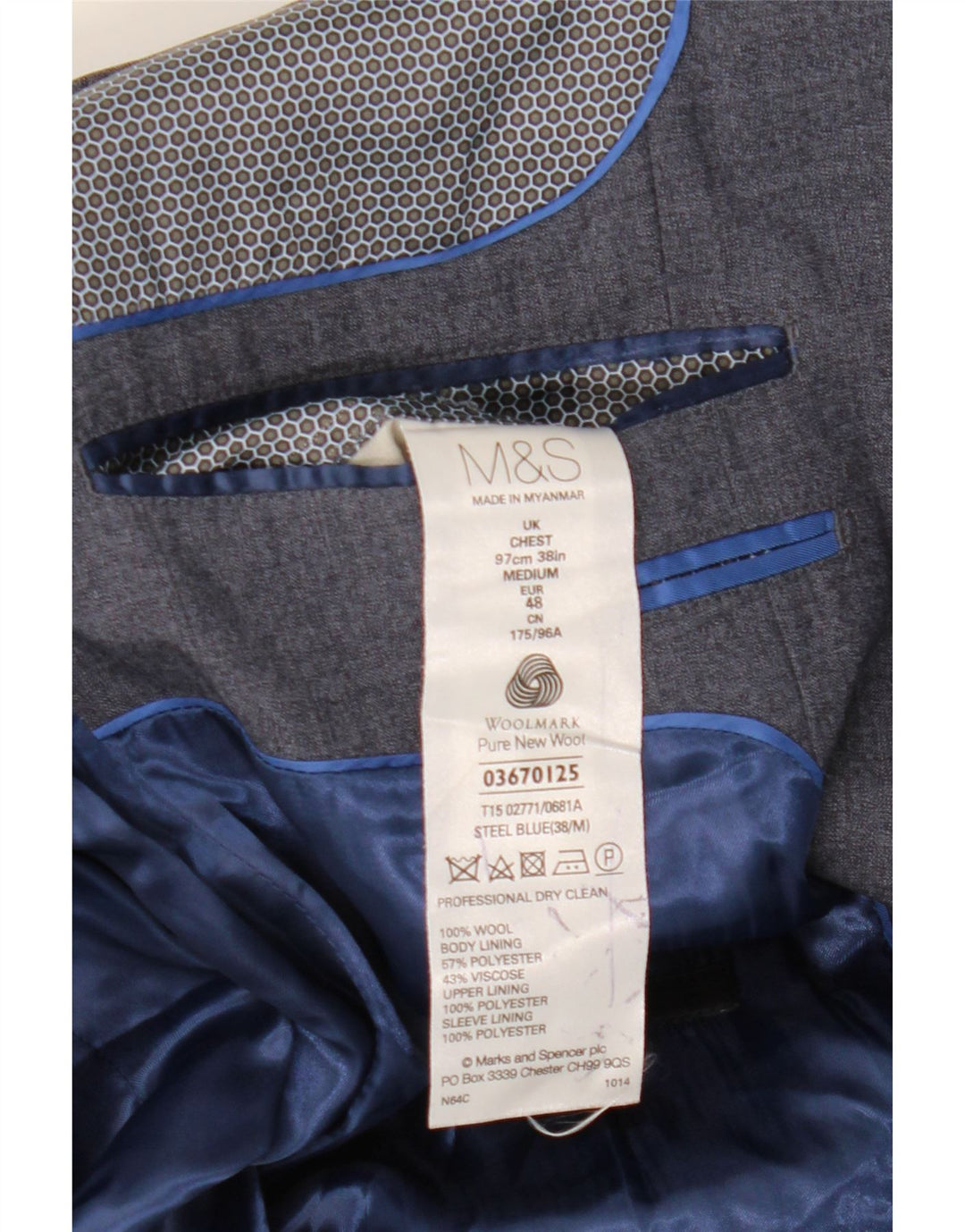 Мужской пиджак на 1 пуговице Marks & Spencer UK 38, средний синий, шерстяной
