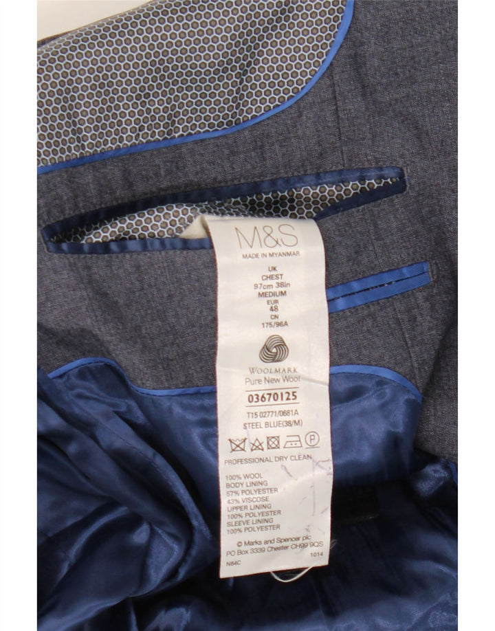 Мужской пиджак на 1 пуговице Marks & Spencer UK 38, средний синий, шерстяной