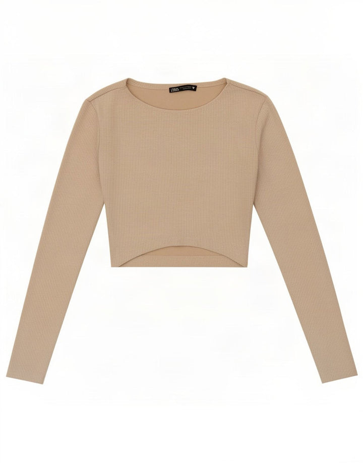 Женский укороченный топ Zara с длинным рукавом UK 8, маленький, бежевый, полиэстер