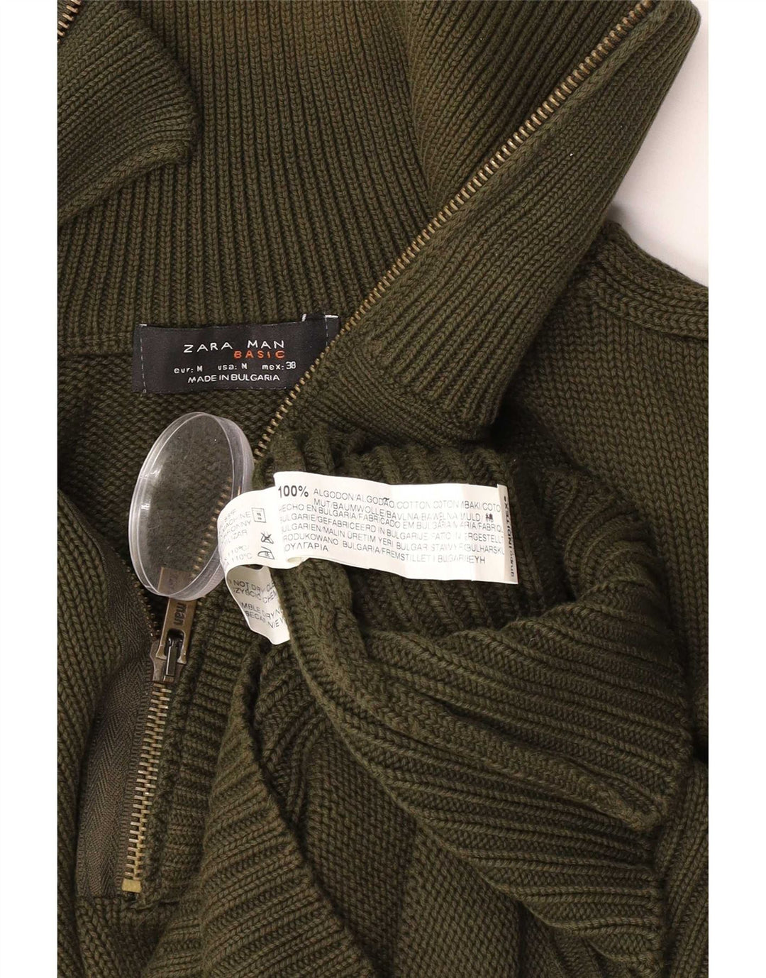 Мужской джемпер с воротником на молнии Zara, хлопковый свитер среднего зеленого цвета