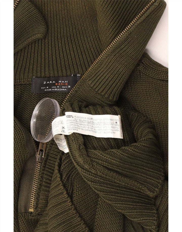 Мужской джемпер с воротником на молнии Zara, хлопковый свитер среднего зеленого цвета
