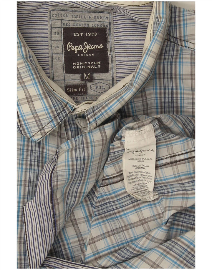 PEPE Jeans Мужская приталенная рубашка с коротким рукавом, хлопковая синяя клетка среднего размера