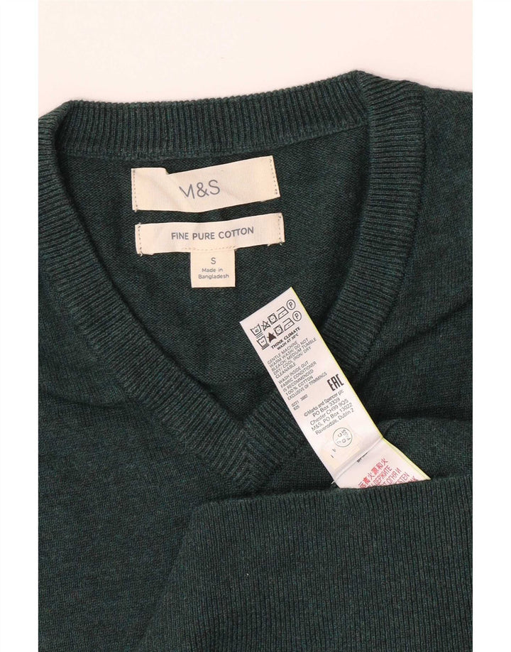 Мужской джемпер с v-образным вырезом Marks & Spencer, маленький зеленый хлопковый свитер