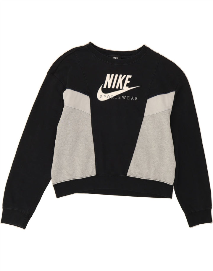 NIKE Womens Oversized Crop Sweatshirt Jumper UK 10 Small Black Colourblock Vintage Nike and Second-Hand Nike from Messina Hembry 