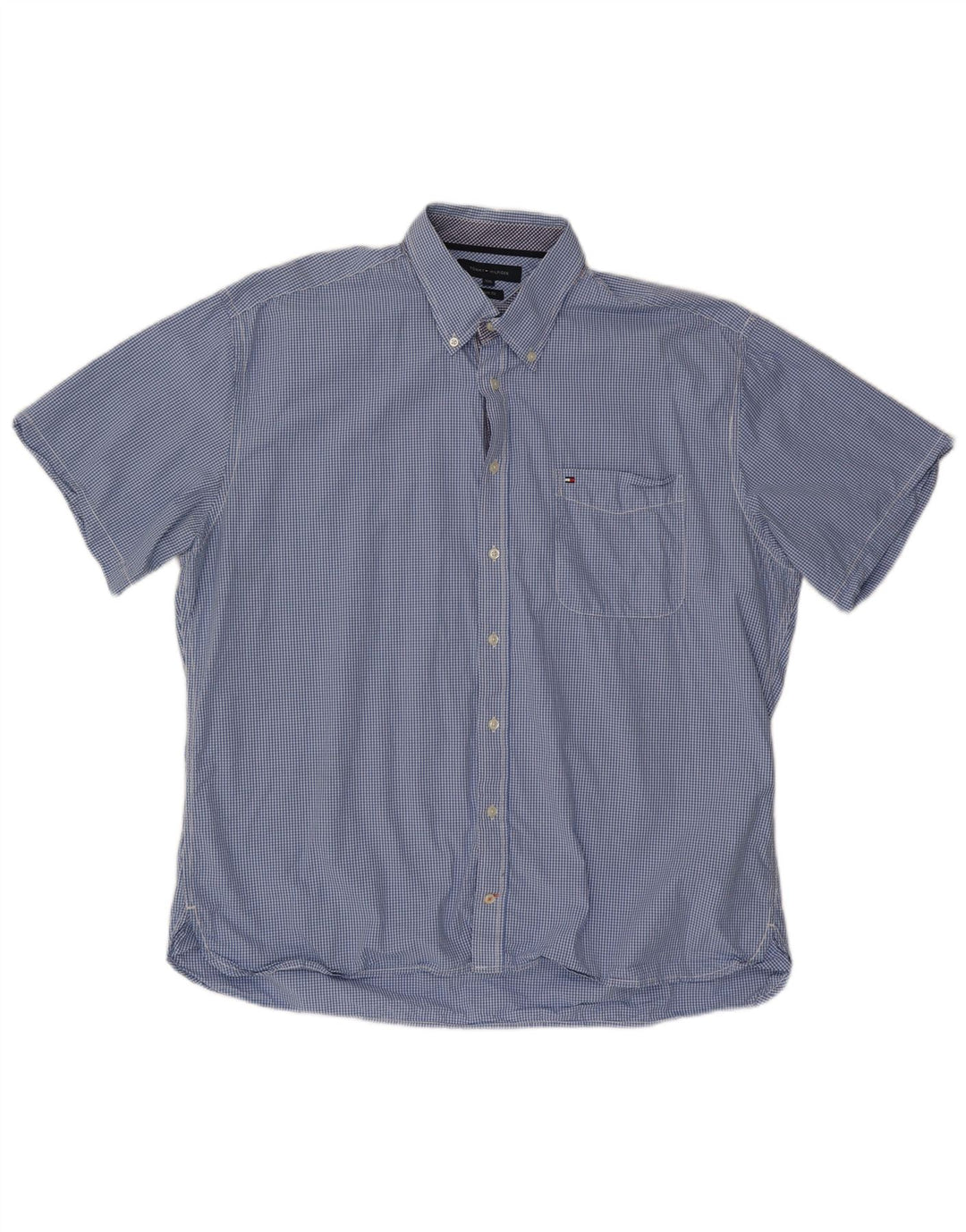 TOMMY HILFIGER Мужская рубашка с коротким рукавом на заказ, 2XL, синяя, хлопок в мелкую клетку