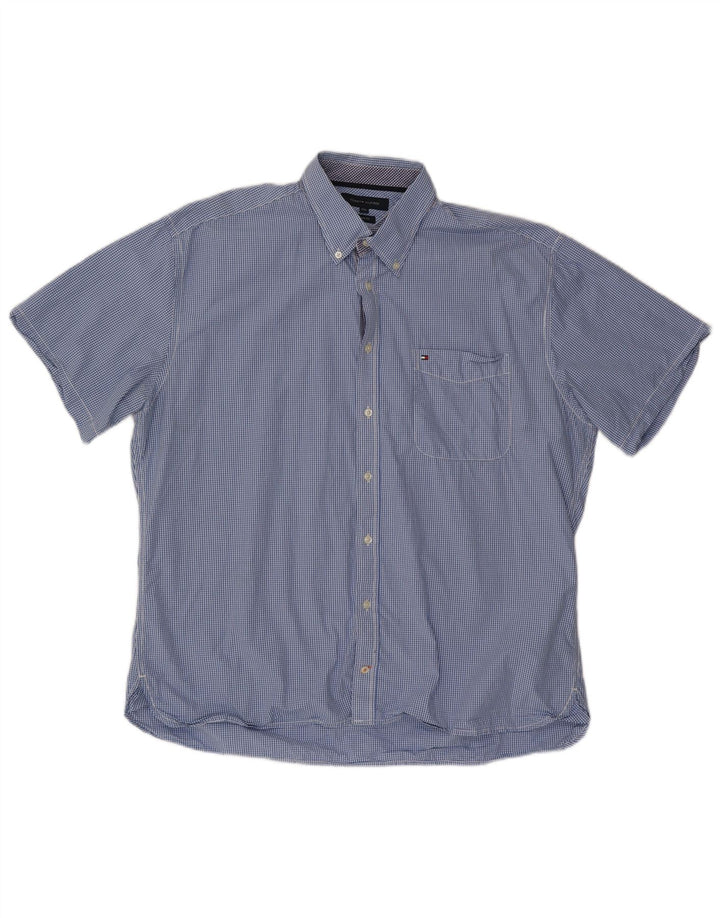 TOMMY HILFIGER Мужская рубашка с коротким рукавом на заказ, 2XL, синяя, хлопок в мелкую клетку