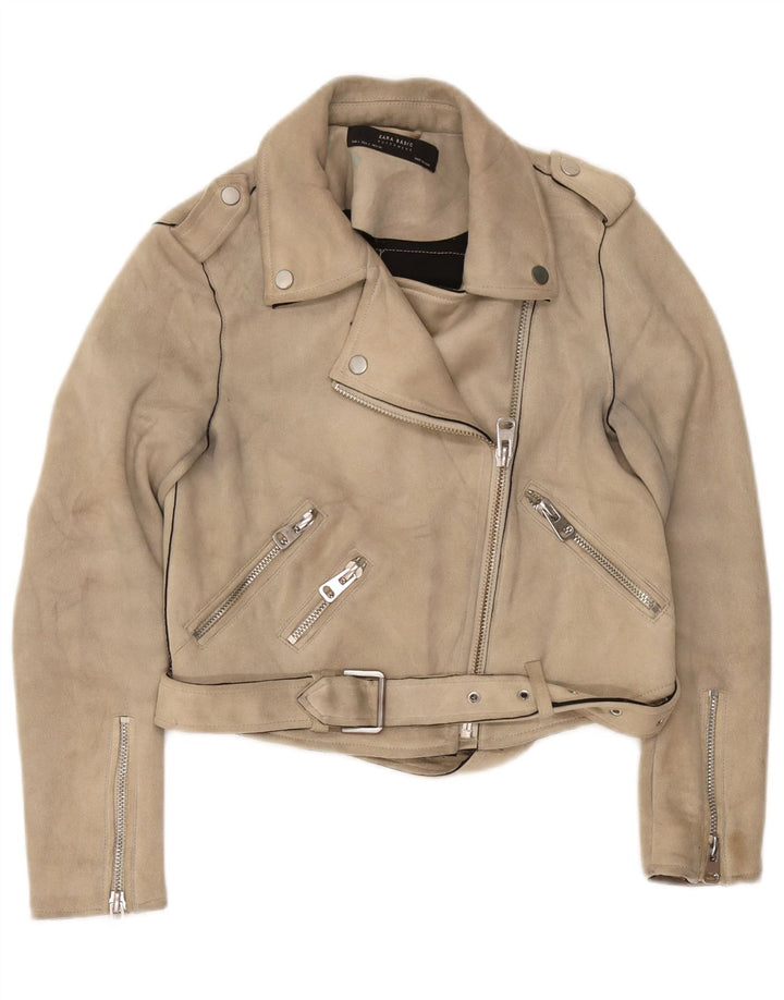 Женская укороченная байкерская куртка Zara UK 10, маленький размер, бежевый полиэстер