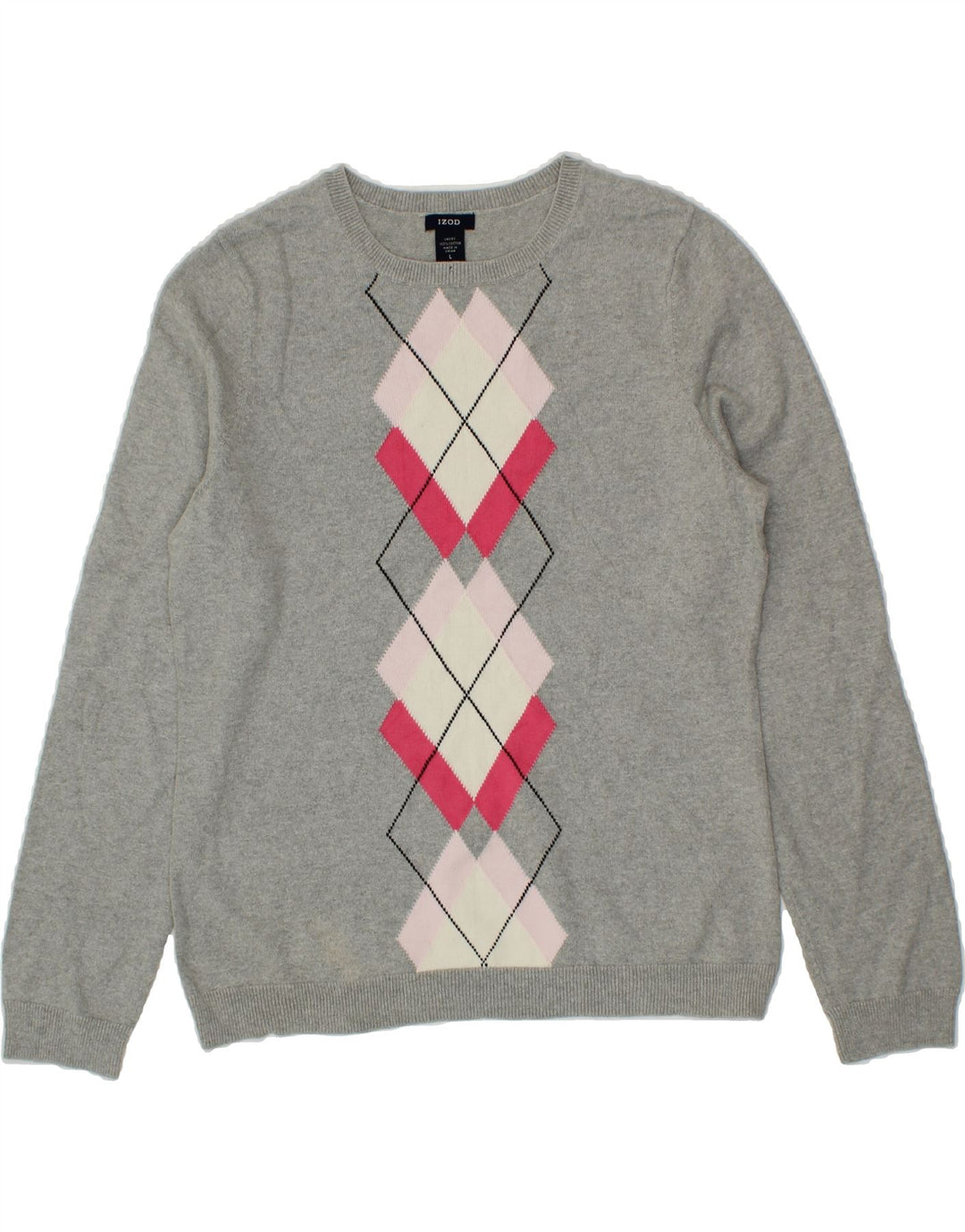 IZOD Womens Crew Neck Jumper Sweater UK 16 Large Grey Argyle/Diamond Vintage Izod and Second-Hand Izod from Messina Hembry 