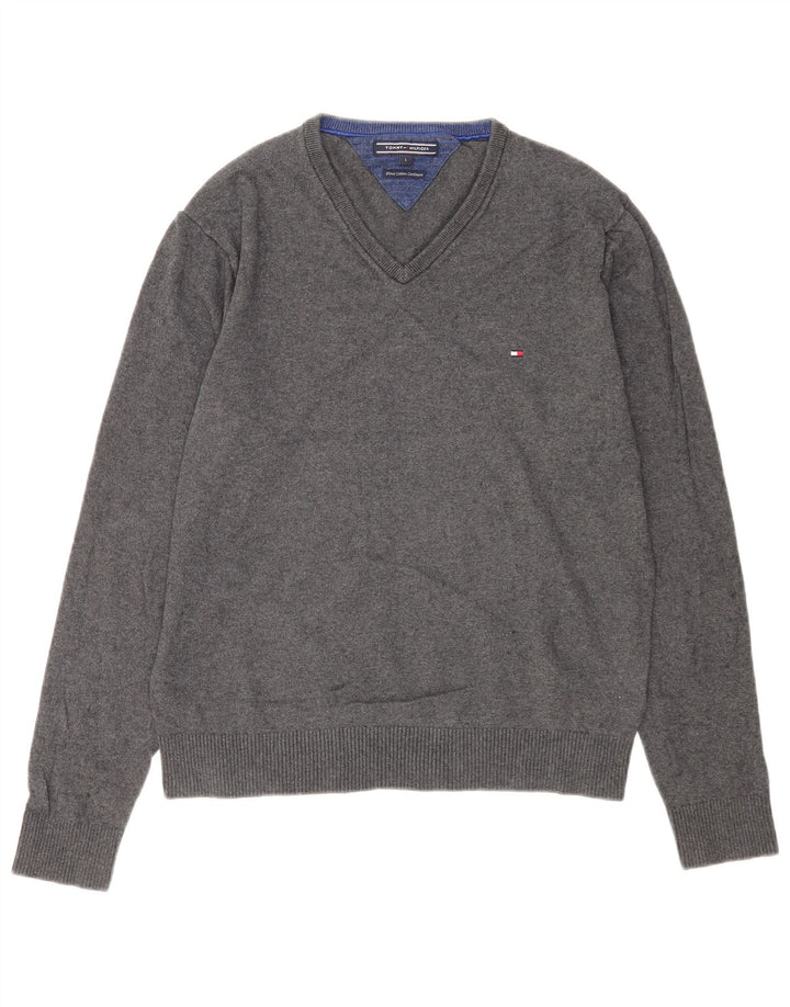Мужской джемпер с v-образным вырезом Tommy Hilfiger, большой серый хлопковый свитер
