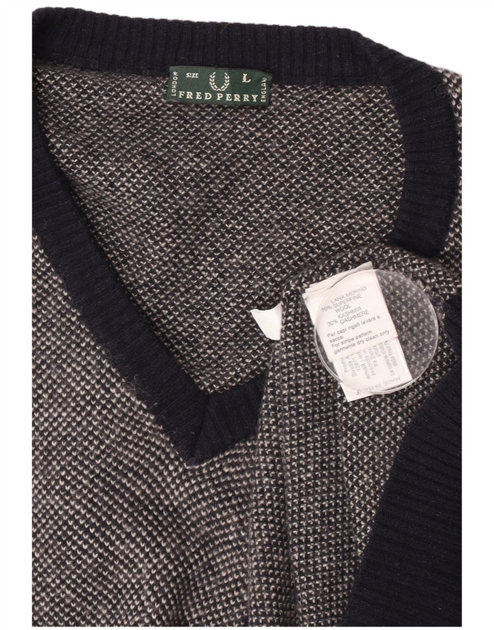 Мужской джемпер с v-образным вырезом Fred Perry, большой темно-синий шерстяной пятнистый свитер