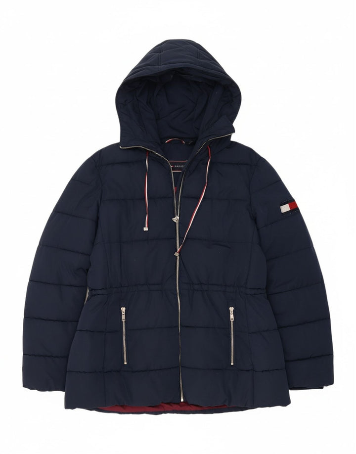 TOMMY HILFIGER Womens Hooded Padded Jacket UK 16 Large Navy Blue Polyester