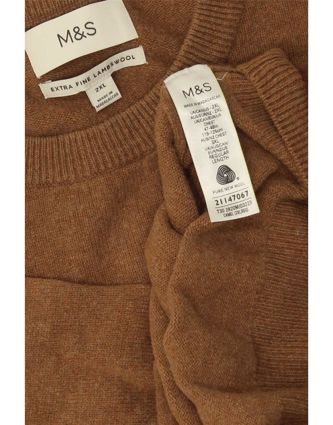 Мужской джемпер с круглым вырезом Marks & Spencer 2XL коричневый из овечьей шерсти