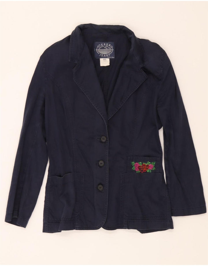 ICEBERG Womens 3 Button Blazer Jacket IT 42 Medium Navy Blue Floral Cotton Vintage Iceberg and Second-Hand Iceberg from Messina Hembry 