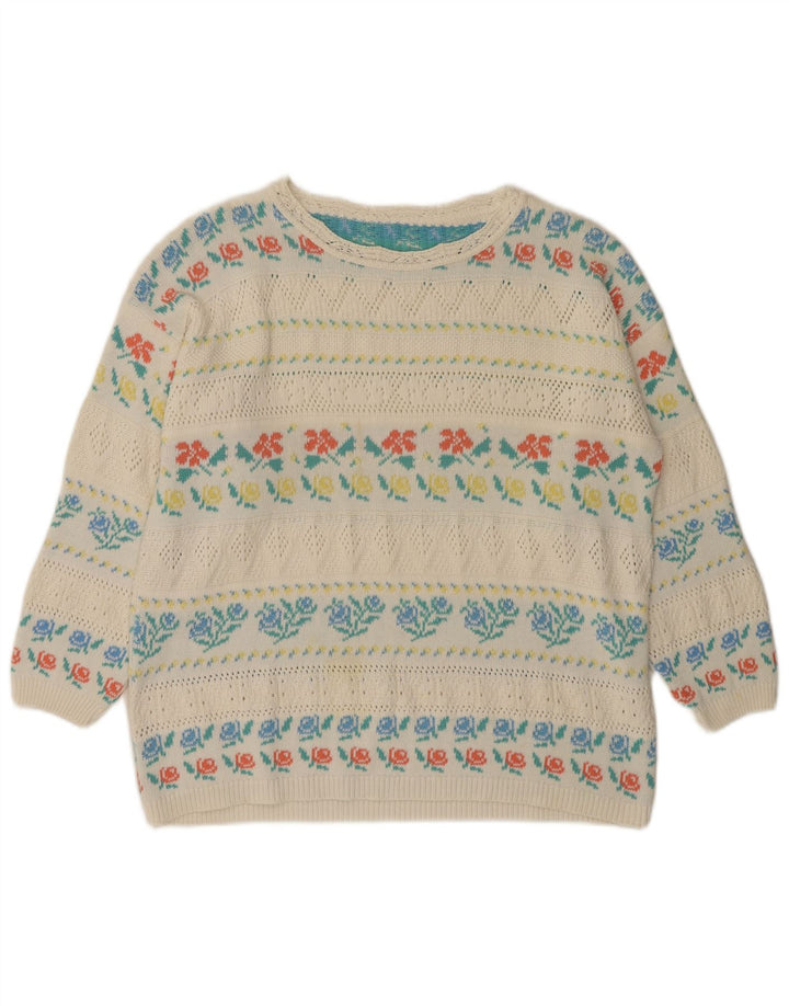 Женский свитер с вырезом «лодочка» VINTAGE IT 46, большой белый акрил с цветочным принтом