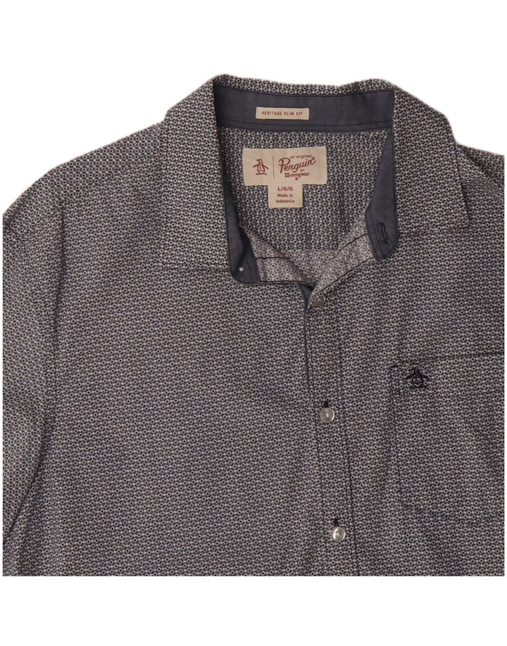 Мужская рубашка узкого кроя с коротким рукавом PENGUIN Heritage, большая синяя с геометрическим узором