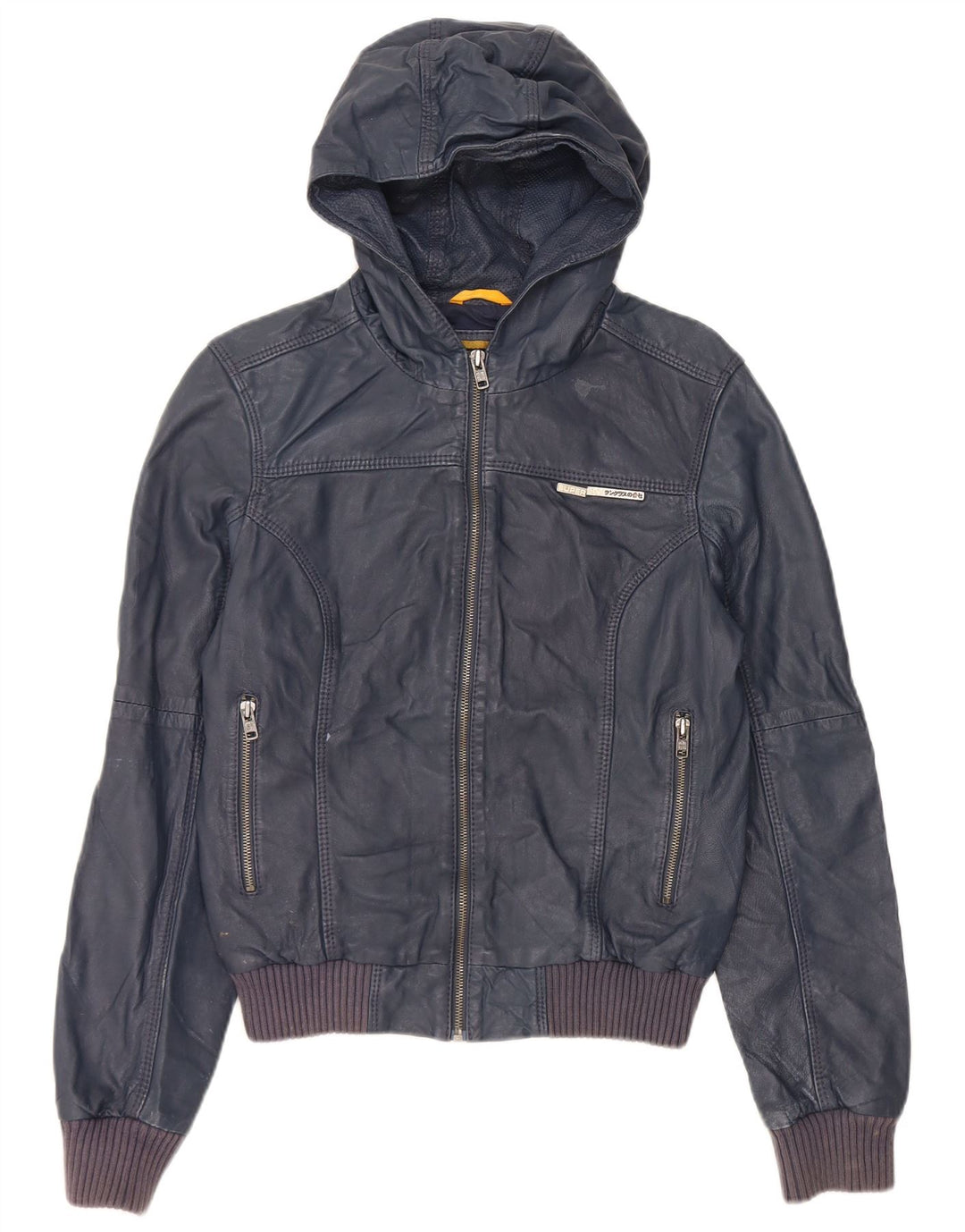 Женская кожаная куртка с капюшоном Superdry UK 14, кожа темно-синего цвета среднего размера