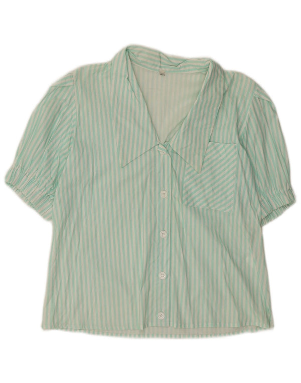 VINTAGE Womens Short Sleeve Shirt Blouse UK 14 Medium Green Pinstripe