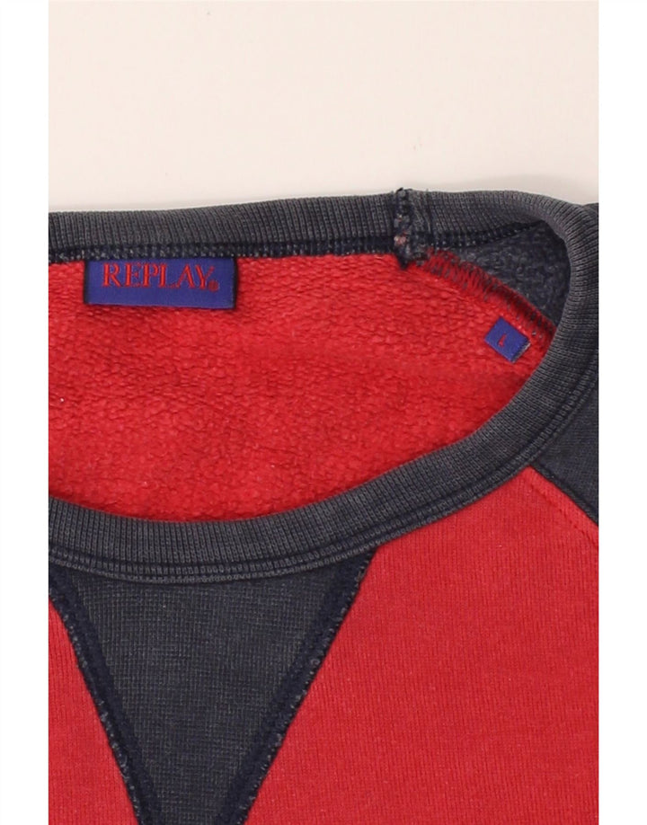 REPLAY Mens Graphic Sweatshirt Jumper Large Red Colourblock Cotton Vintage Replay and Second-Hand Replay from Messina Hembry 