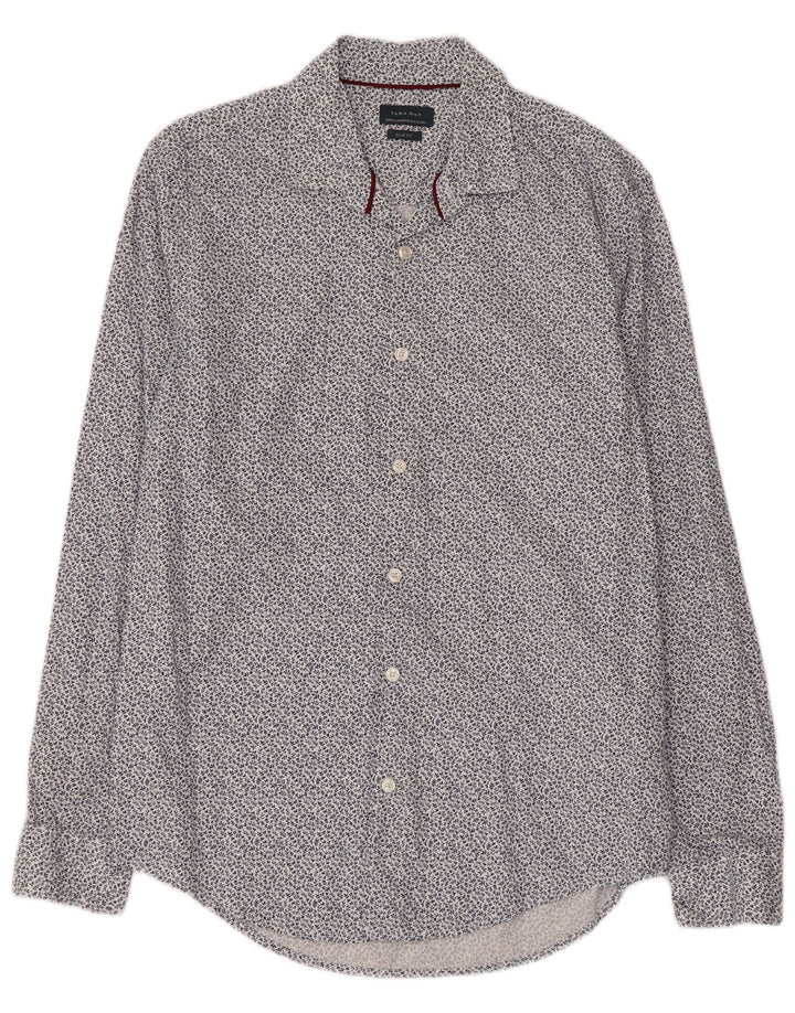 Мужская рубашка приталенного кроя Zara, хлопок среднего синего цвета с цветочным принтом