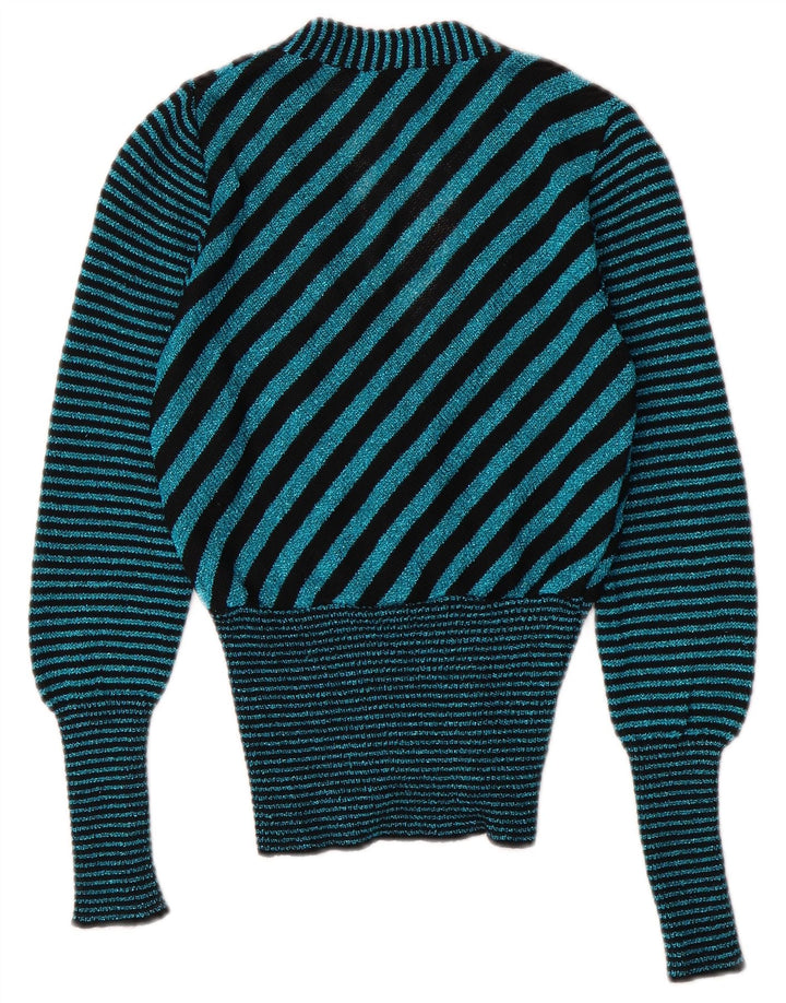 Винтажный женский кардиган с v-образным вырезом, Великобритания, 6 XS, бирюзовый в полоску