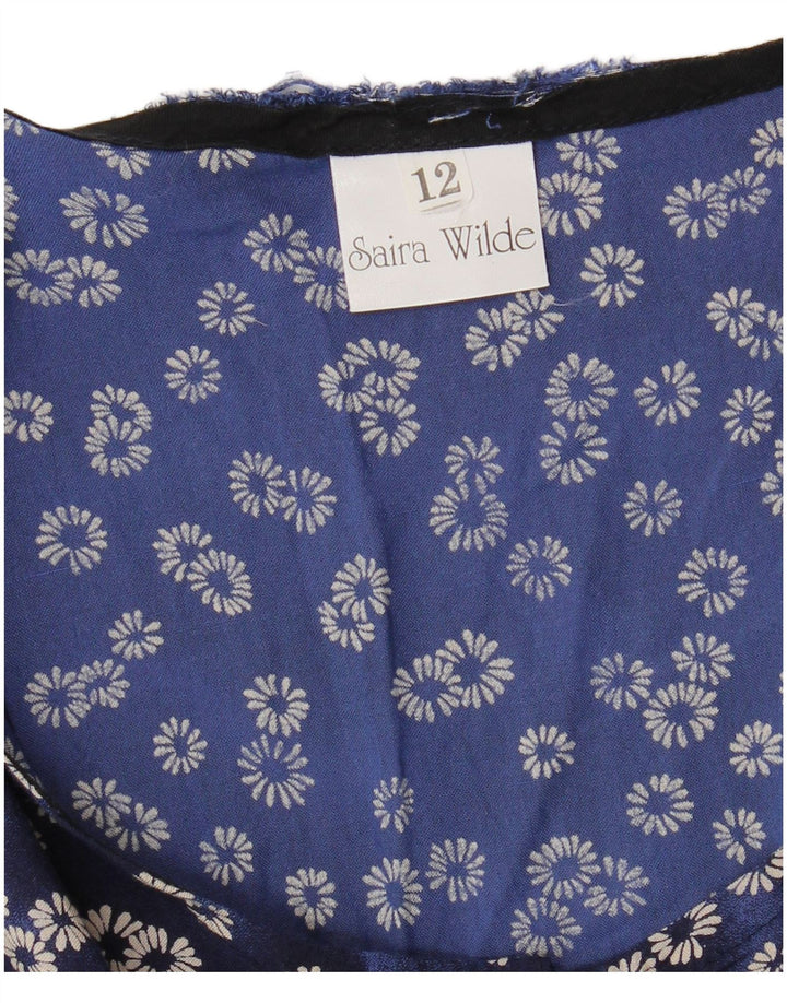 ВИНТАЖНОЕ женское базовое платье без рукавов UK 12, вискоза среднего синего цвета с цветочным принтом