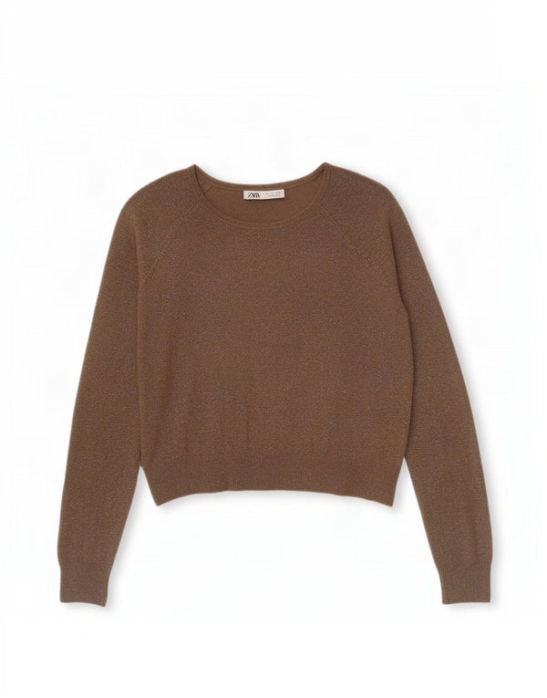 Женский джемпер с вырезом «лодочка» Zara UK 16, большой, хаки, вискоза с крапинками