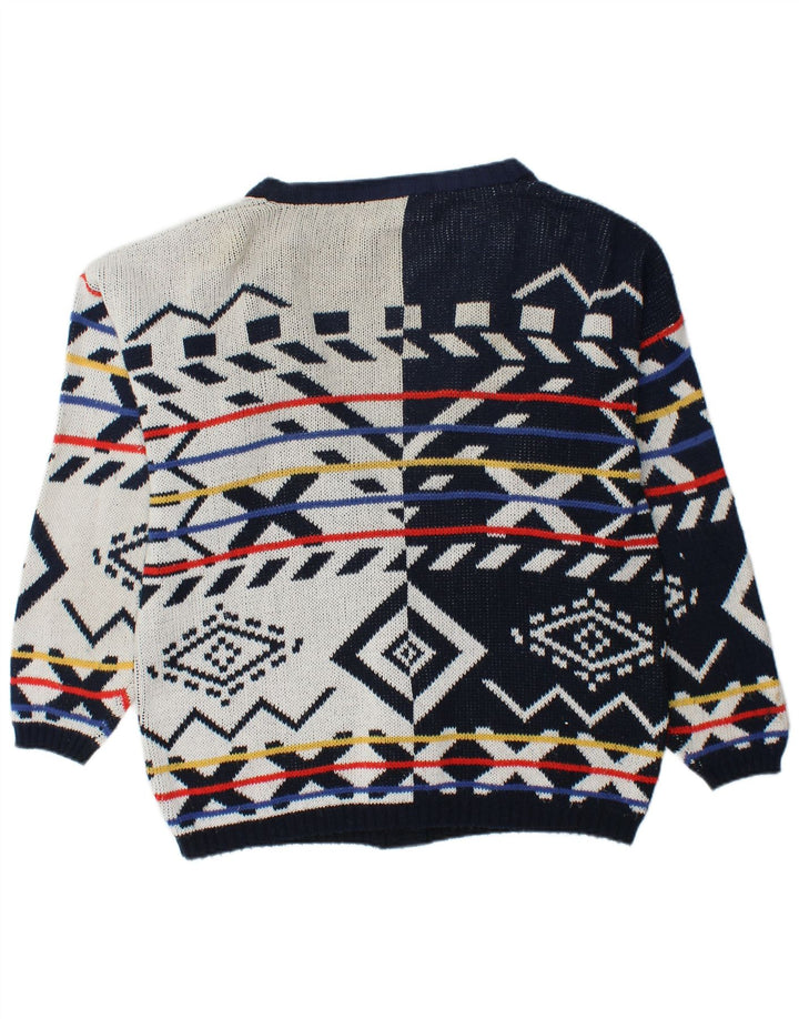 ВИНТАЖНЫЙ женский свободный кардиган-свитер UK 16, большой темно-синий с геометрическим узором