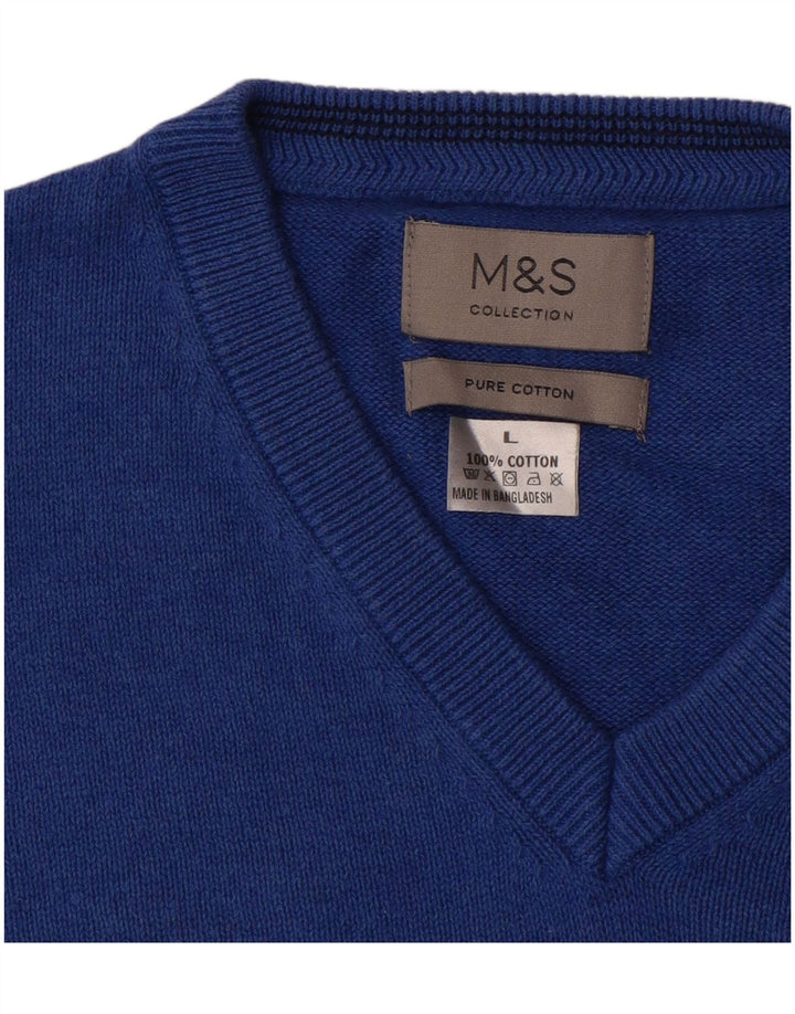 Мужской джемпер с v-образным вырезом Marks & Spencer, большой синий хлопковый свитер