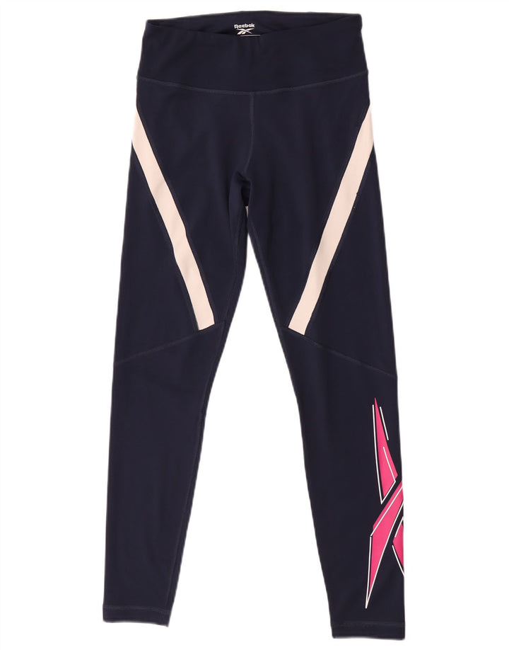 Женские леггинсы Reebok с рисунком, Великобритания, 8/10, маленькие, темно-синие, с цветными блоками