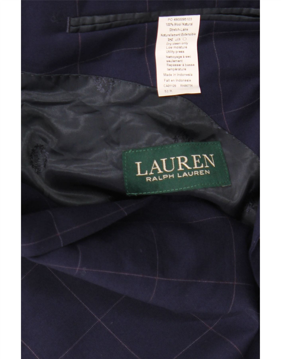 Мужской пиджак на 2 пуговицах Ralph Lauren IT 52, большой темно-синий в клетку, шерстяной