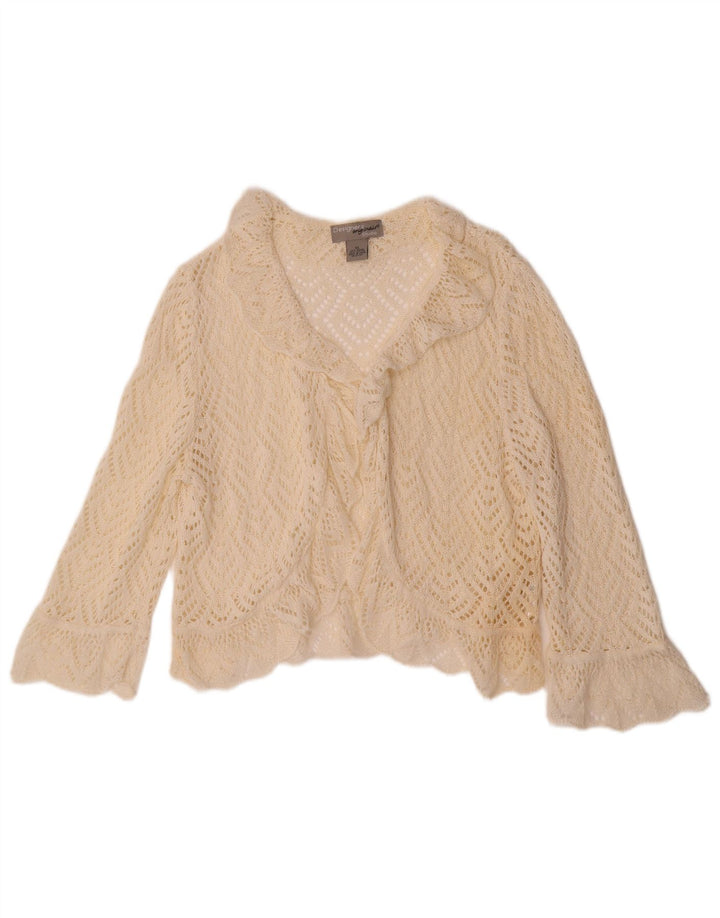 ВИНТАЖНЫЙ женский укороченный кардиган с рукавами 3/4, вязаный крючком, Великобритания, 18 XL, Off White