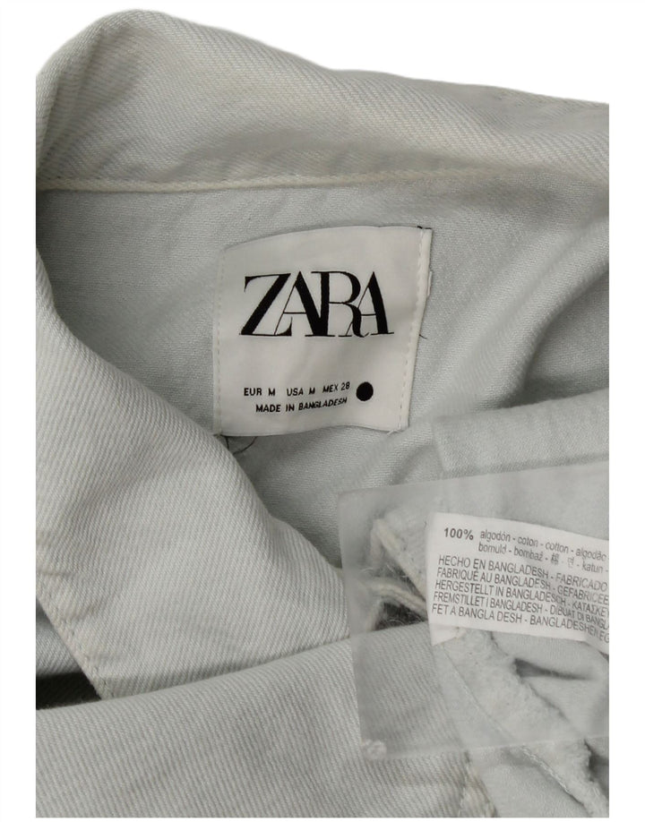 Женская укороченная джинсовая рубашка оверсайз Zara UK 14, хлопок среднего синего цвета